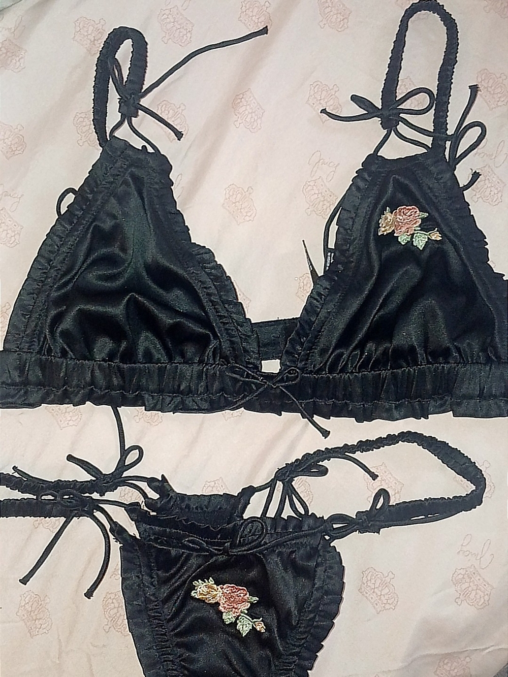 For Love & Lemons Black Satin Floral-Embroidered Triangle Bralette & Thong Set